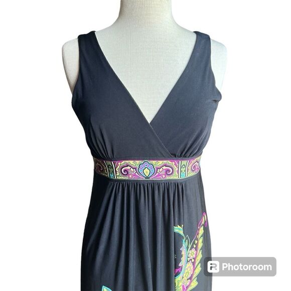 Sandra Darren 6 Black Colorful Paisley Surplice Neckline Sleeveless Maxi Dress - Picture 1 of 7